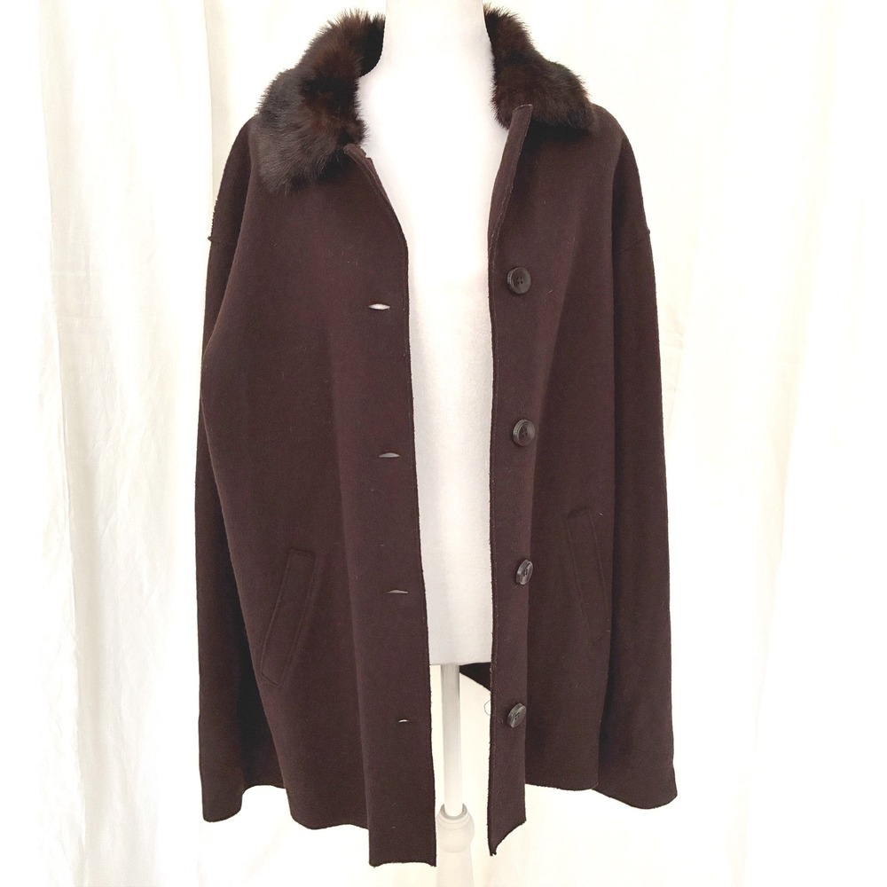 Jones New York Signature Faux Mink Fur Collar Wool Blend Jacket Brown  M